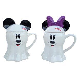 NEW - Disney Mickey & Minnie Mouse Halloween Ghost Mugs Set W/ Lids - Ceramic